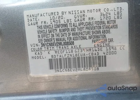 2021 Nissan Versa Sv Xtronic Cvt z USA, uszkodzony, nr VIN 3N1CN8EV2ML808508